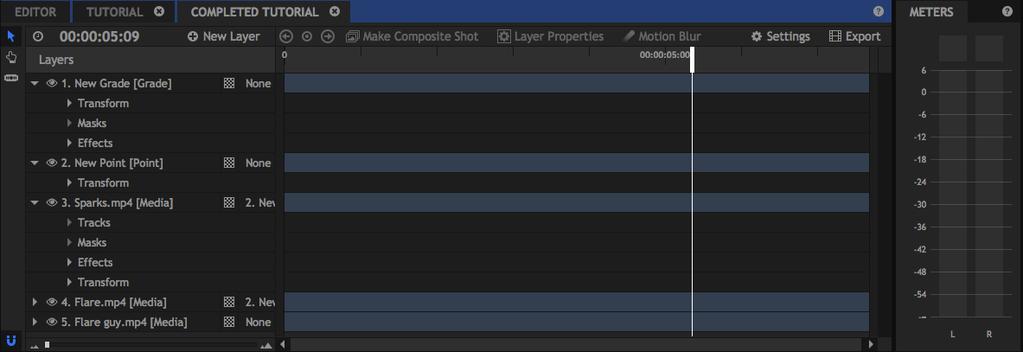 Composite Timeline - Composite shot timelines are layer-based. Each layer contains a single asset which can be highly customized, enabling you to carry out sophisticated compositing tasks.
