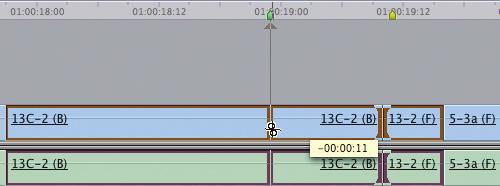 6 Final Cut Pro 7 Find the green Roll 3 marker over the 13C_2 (B) clip. Play that clip and the 13_2 (F) clip that follows it.