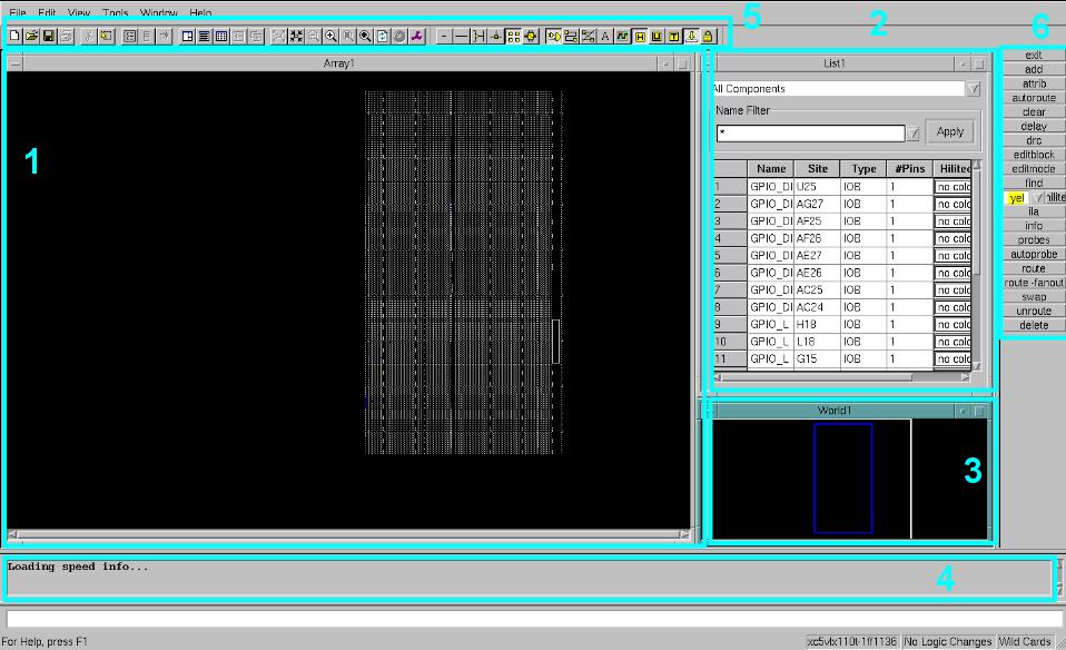 The image above shows the main view for FPGA editor. It is split up into the following windows: 1.