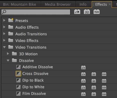Add Transitions and Effects Applying a video Cross Dissolve - Go to the Effects tab in your Project Panel > Video