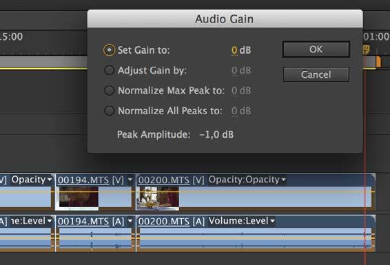 Adjusting volume with Audio Gain - Select clip(s) in Sequence - Right mouse click > Audio Gain o Set