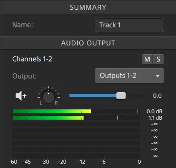 If the timeline outputs are stereo, each track provides a Pan control that you can use to pan the track to the timeline outputs.