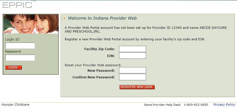 2.3 Register New Account At initial login, this screen allows a provider to use his/her facility zip code and EIN number to register a new account.