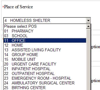 (2) Select place of service from a drop down list.