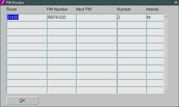 EQUIPMENT PM - ROUTES PM Routes button displays equipment routes that the equipment has been placed on so that multiple PM procedures can be performed on them.
