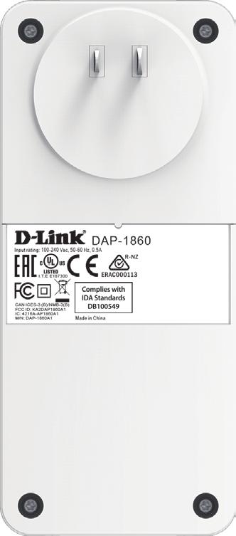 Section 2 - Installation Hardware Overview Back You may locate the Wi-Fi name (SSID) and password for your DAP-1860. This information is printed on the label on the back of the device.
