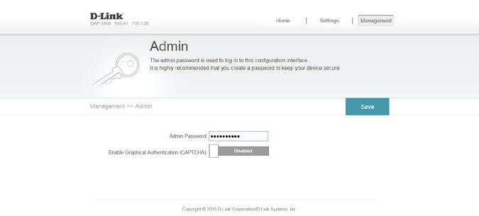 Section 3 - Configuration Management Admin This page will allow you to set a new password for the administrator account used to configure the DAP-1860.