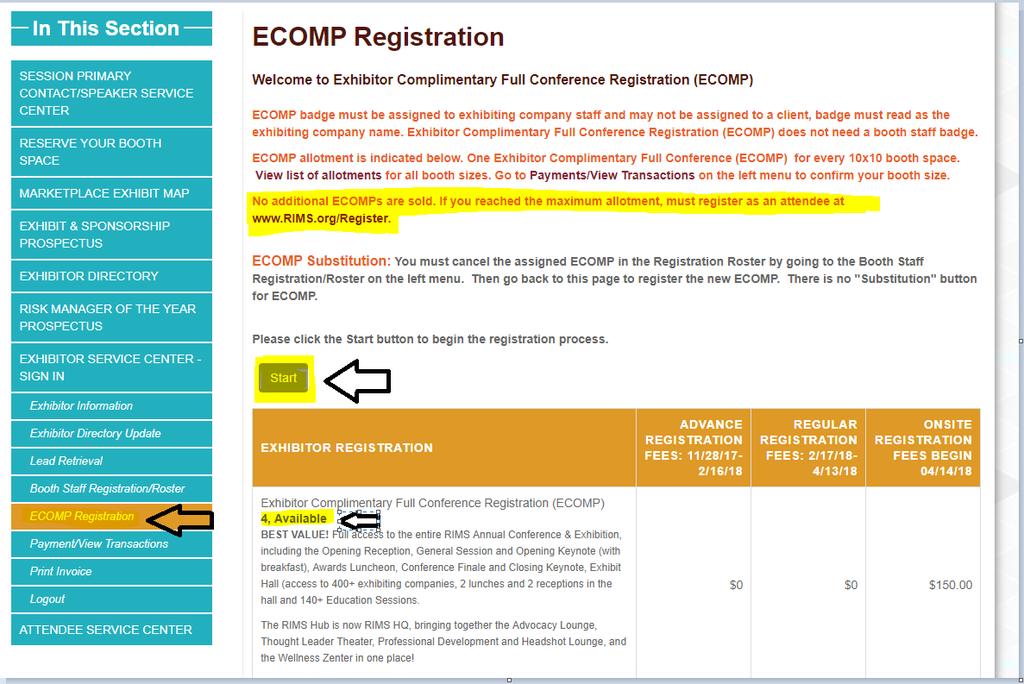 5-1. Go to ECOMP Registration on the left menu (below Booth Staff Registration/Roster) -> Click the START button.