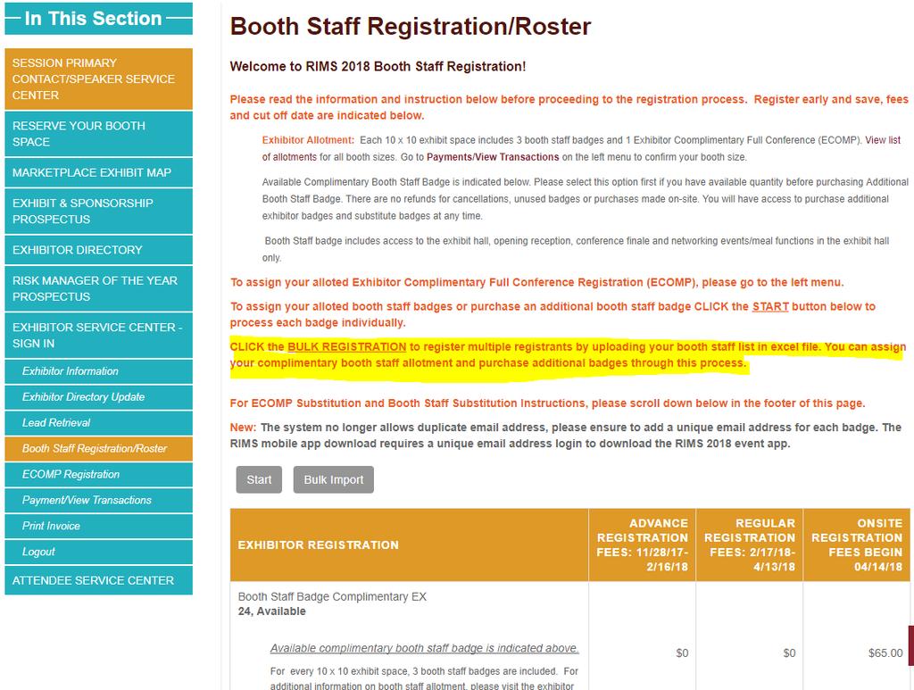 BULK Registration: Register multiple registrants by uploading your booth staff list in an excel file.