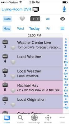 ManageMyTVs App - iphone Program Guide 1. To view the program Guide data for any given channel and date, select the Guide button from the ManageMyTVs Action menu at the bottom of the app screen. 2.