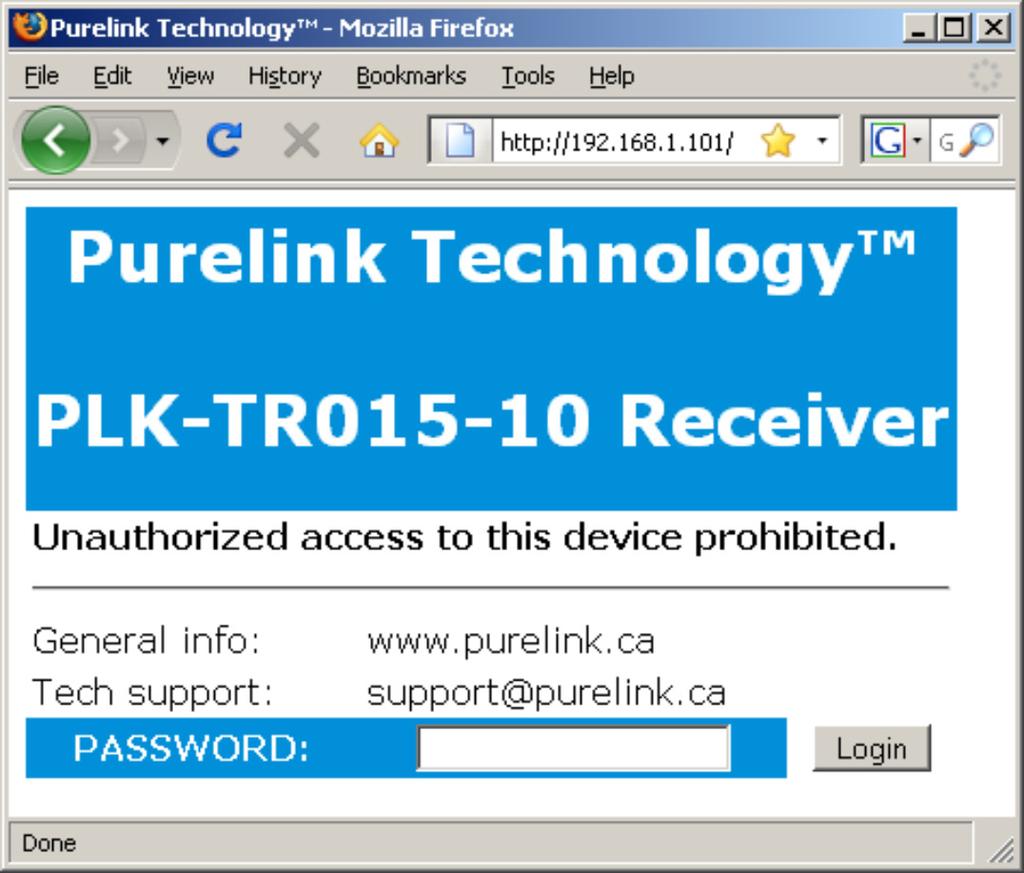 Receiver Web Configuration Figure 2: Receiver Web Interface Login Screen To log onto a receiver, enter the IP address in Firefox 2.0-3.0 or Internet Explorer 6.0. The default IP address for all receivers is 192.