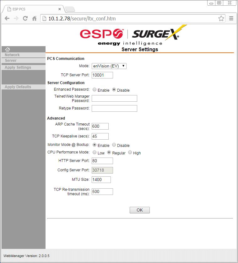 3. Server: View and change the embedded Server settings. a. PCS Communication (1) Mode: Select envision (EV) or NextGen (XG) operational mode. (2) TCP Server Port: Specify the port for serial data. b.