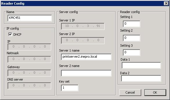 This screen is divided into 4 distinct areas: "Name", "IP config", "Server config" and "Reader config": The The button will exit this window without any processing.