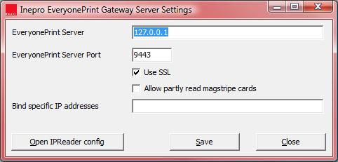 Install & Setup Gateway Install & Setup Gateway Installation Install IneproEveryonePrintGatewayServerSetup.exe Configuration Set the server address to the EveryonePrint server.