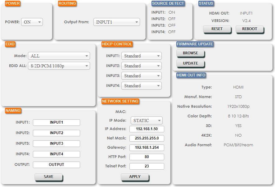 6.8.2 WebGUI Control Page All functions, including power, input selection, EDID