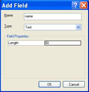 22) Give your field the name name. Make type text and length 50 the default. Click on OK. 23) Leave the Attribute Table open.
