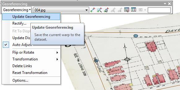 Using the menu from the georeferencing window, select Update Georeferencing 14) Navigate to where 004.jpg is held.