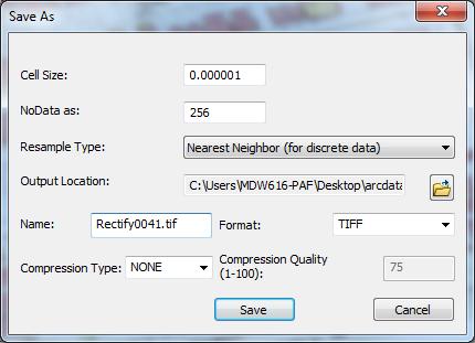 You must select an output location outside of the geodatabase in order to save in TIF or other image format. Ensure that NoData is set at 255 or 256 18) Remove the image 004.