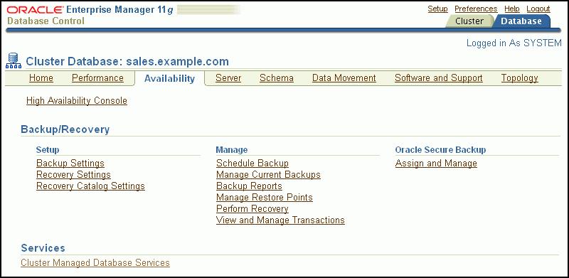 Creating Services To create a service: 1. On the Cluster Database Home page, click Availability. The Availability page appears. 2. Click Cluster Managed Database Services in the Services section.