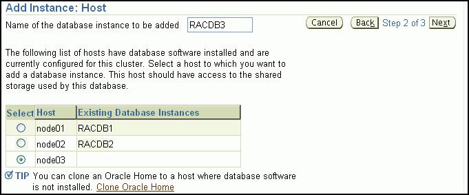 Creating an Instance on the New Node To add an instance to an administrator-managed database using Enterprise Manager: 1. From the Cluster Database Home page, click Server. 2.