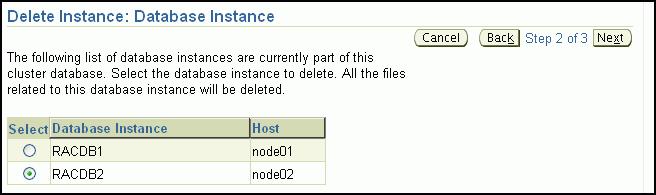 Deleting an Instance From the Cluster Database After the host information has been validated, the Delete Instance: Review page appears. 6.