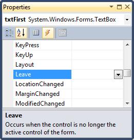 Display Events for a Control Select the control Click on