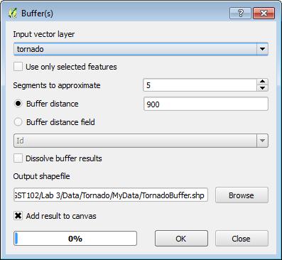 Buffer(s). Fill out the Buffer tool with the parameters seen in Figure 11. Click OK to run the tool, and click Close when it has finished. Figure 11: Tornado Path QGIS Project 5.