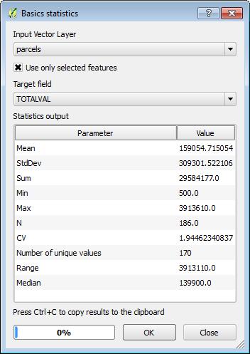 5. Finally you ll examine the total value of the affected parcels. From the menu bar choose Vector Analysis Tools Basic Statistics. a. Select parcels as the Input Vector Layer. b. Check Use only selected features.