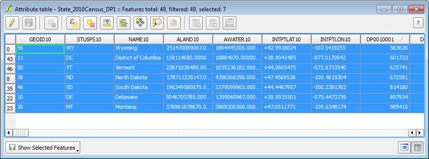 7. The selected records are highlighted in blue in the attribute table. 8. Click the Show All Features dropdown and choose Show Selected Records. Now you are viewing only the 7 selected records.