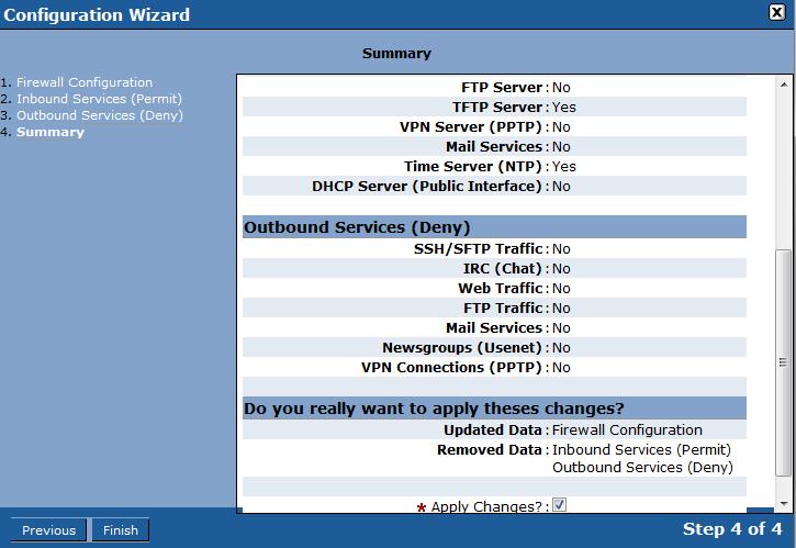 Network Configuration Firewall Wizard There is no need to deny any Outbound Services in the lab so click on Next.