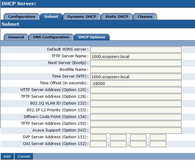 Network Configuration DHCP Subnet Configuration Using the DHCP table enter the FQDN of the local server into the TFTP Server Name and Time Server (NTP) fields.