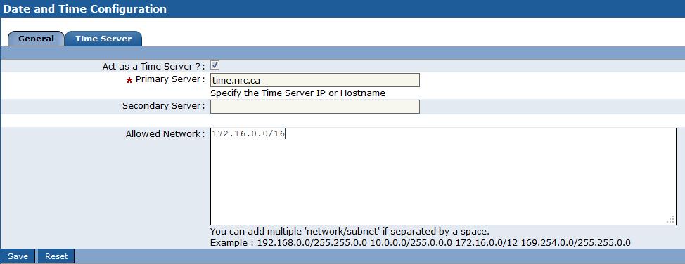 Server Configuration Date and Time Configuration Check the box to Act as a Time Server?[x] Enter time.nrc.