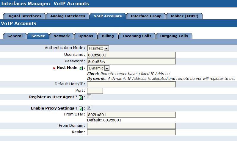 Telephony Module Dynamic Host Mode VoIP Accounts This example shows the Server tab requirements for Host Mode Dynamic Host Mode Dynamic sets the SIP registration credentials for other systems with