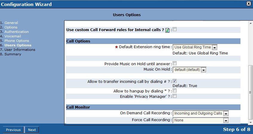 Telephony Module Add Multiple Extensions Wizard User Options. Enable Call Forward on No Answer Voicemail from the drop down list.