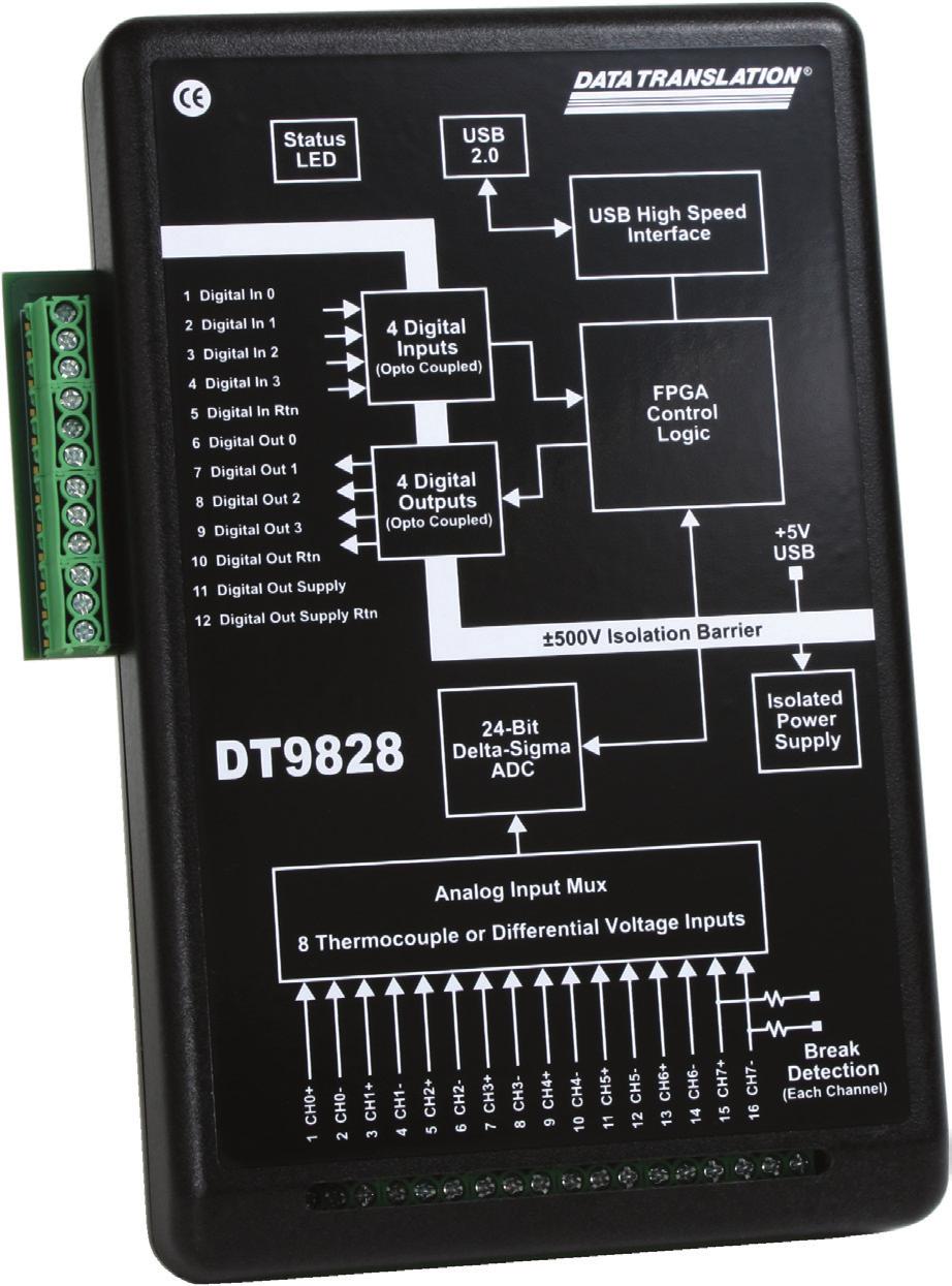 DT9828 USB Powered Thermocouple Measurement Module Key Features: 8 differential analog inputs for thermocouple or voltage measurements Support for B, E, J, K, N, R, S, and T thermocouple types One