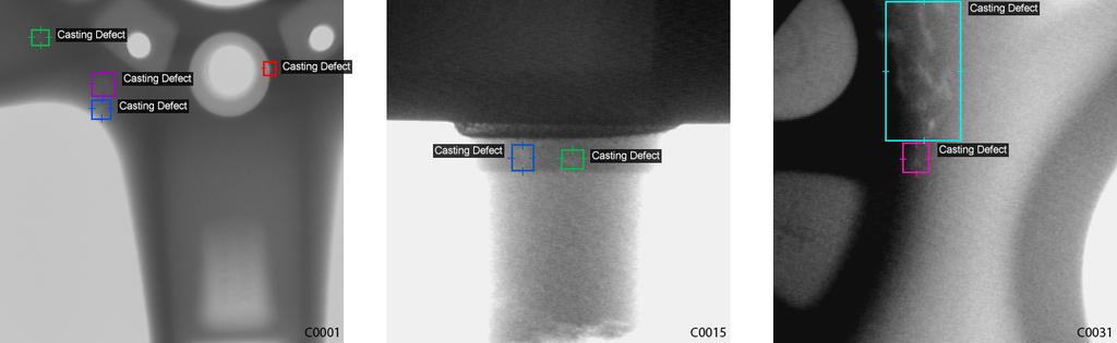 Fig. 2. Examples of X-ray images in the GDXray Castings dataset. The colored boxes show the ground-truth labels for casting defects.