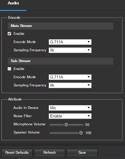 Below is an explanation for each of the fields on the Audio menu: Enable: This checkbox allows the user to enable audio recording.