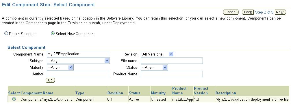 2) Select myj2eeapplication component uploaded to the software library.