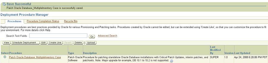 Step 4: Click Next, review the selection and click Finish to complete editing the step. Step 5: Save the Procedure with a unique name (say Patch Oracle Database with Multiple Inventory).