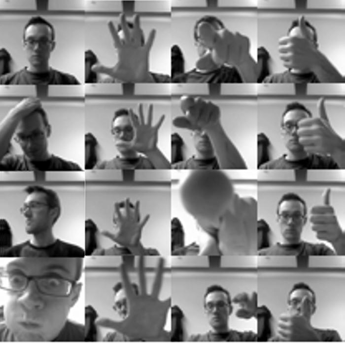 Figure 1: Example images of the 3 gestures as well as the non-gesture case. The first row shows the average gesture, the lower 3 show more exaggerated gestures. tasks.