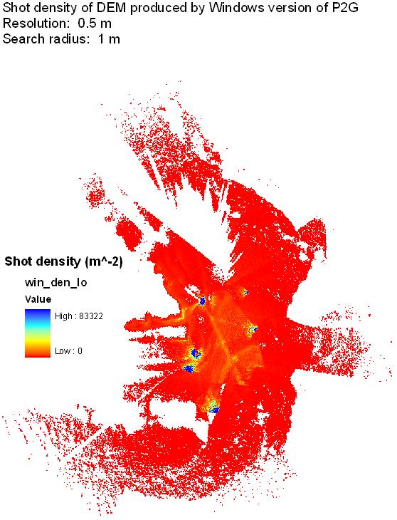 There is no apparent difference between the DEMs and the shot density maps created by the Linux and Windows versions of P2G (as expected).