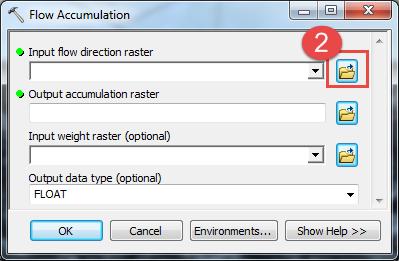 Flow Accumulation 1. Double-click Flow Accumulation from the ArcToolbox > Spatial Analyst > Hydrology menu. 2.