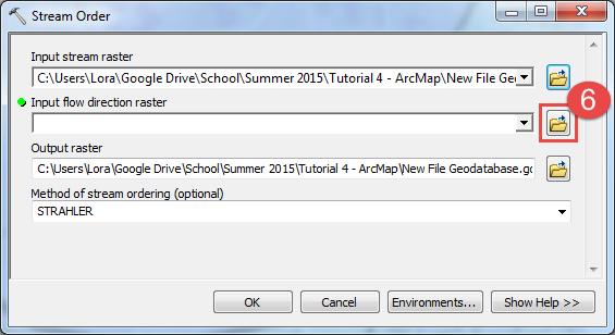 6. Click on the file folder icon to the right of the Input Flow Direction Raster field. 12. 7. Navigate to the project file database that was created earlier in this tutorial. 8.