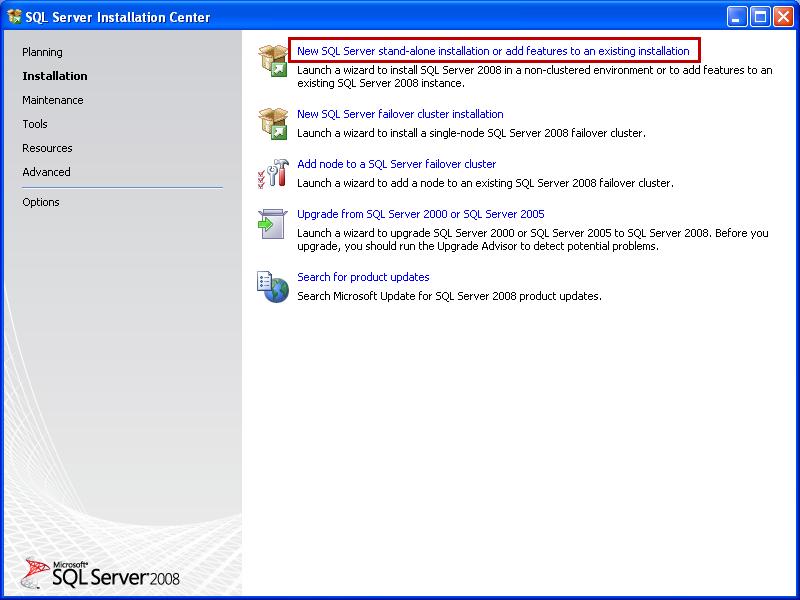 Select New SQL Server stand-alone installation or add