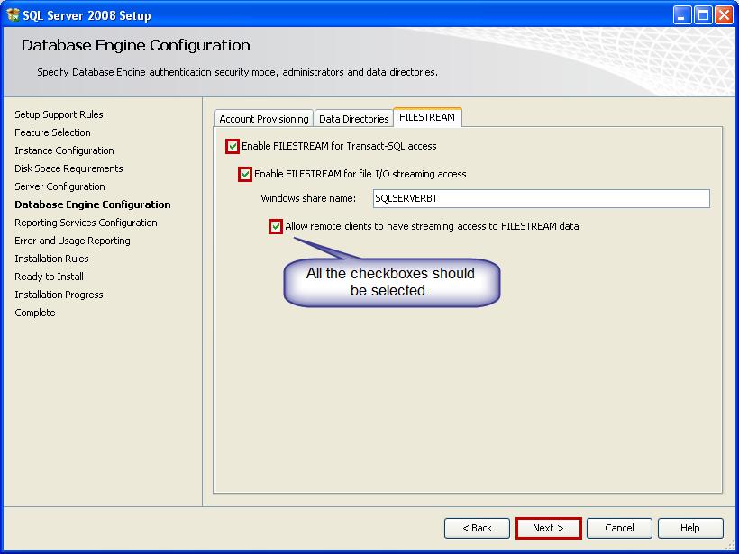 23. The current user is added as a SQL Server Administrator. Click the FILESTREAM tab to enable it. 24.