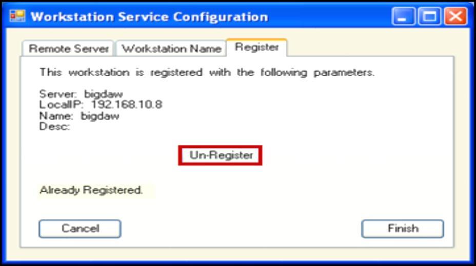 6. In the Workstation Service Configuration dialog box, in the Register tab, click Un-Register. Notes Workstations are un-registered automatically if you un-install the software.