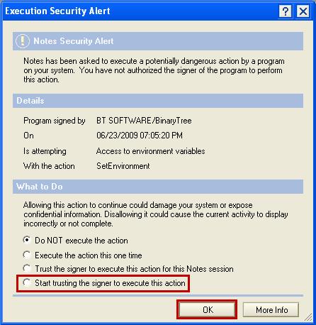 Notes protects against any potentially dangerous code executing by informing the user and asking for authorization.