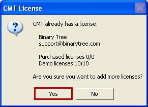 2. The CMT License dialog box displays indicating the current number of user licenses available and their status.
