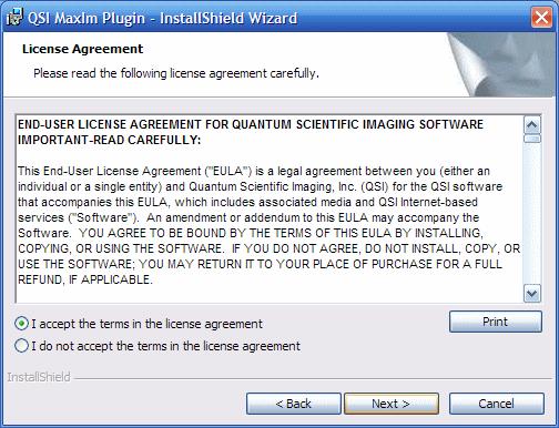Click "Install MaxIm QSI Plug-In" to begin the plug-in installation The QSI MaxIm Plug-in setup dialog will be displayed.