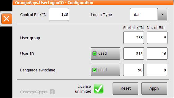 Configuration 23 Example 2 Bit coded User Switching Control bit is on input 128 User Group: start bit on input 255, bit width 5 bits User ID: used Yes, start bit at input 513, bit width of 16 bits
